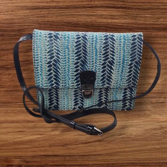 Patricia Nash Embossed Wicker Woven Leather Blue Laurentina Crossbody Bag - Picture 3 of 10